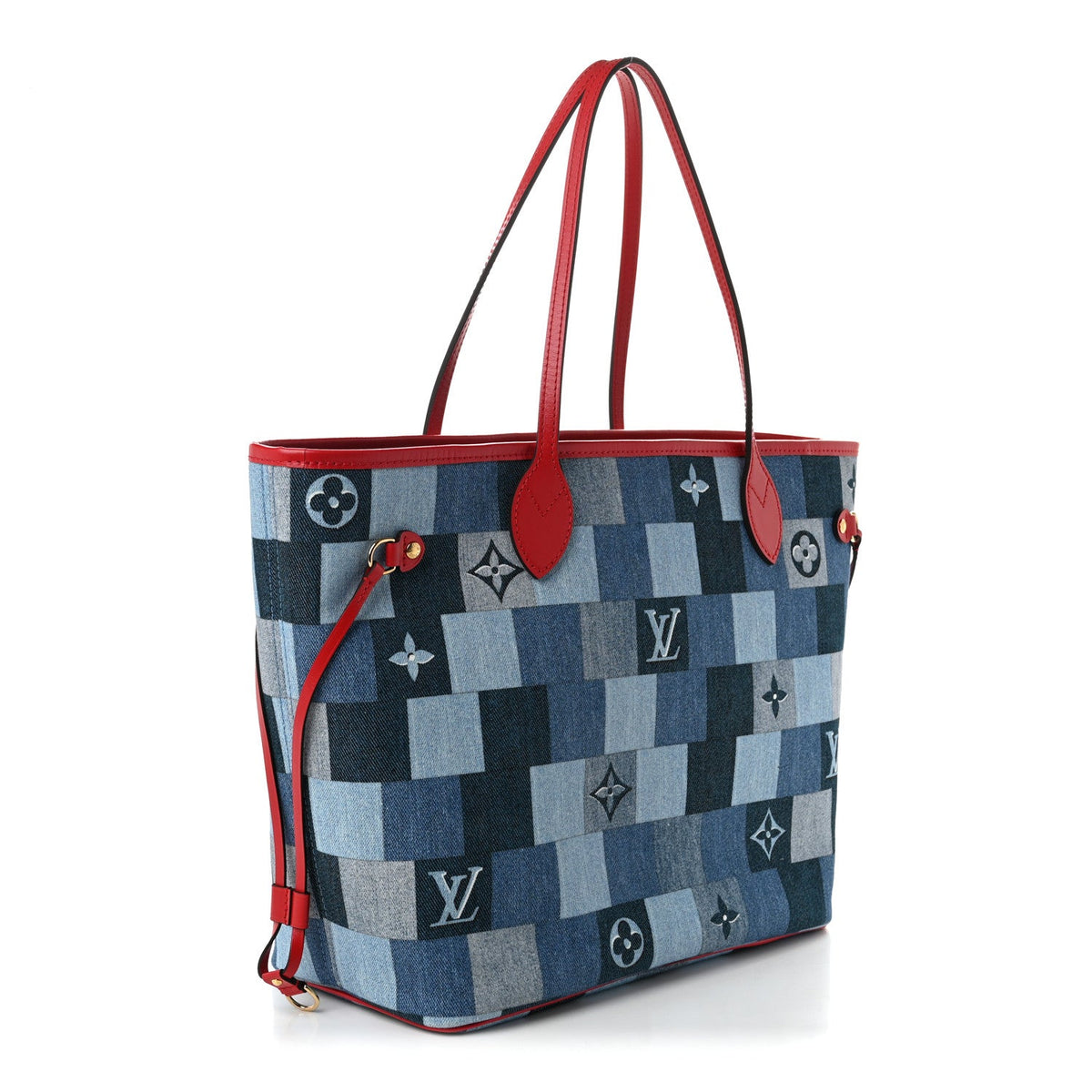 Denim Damier Monogram Patchwork Neverfull Blue Rouge