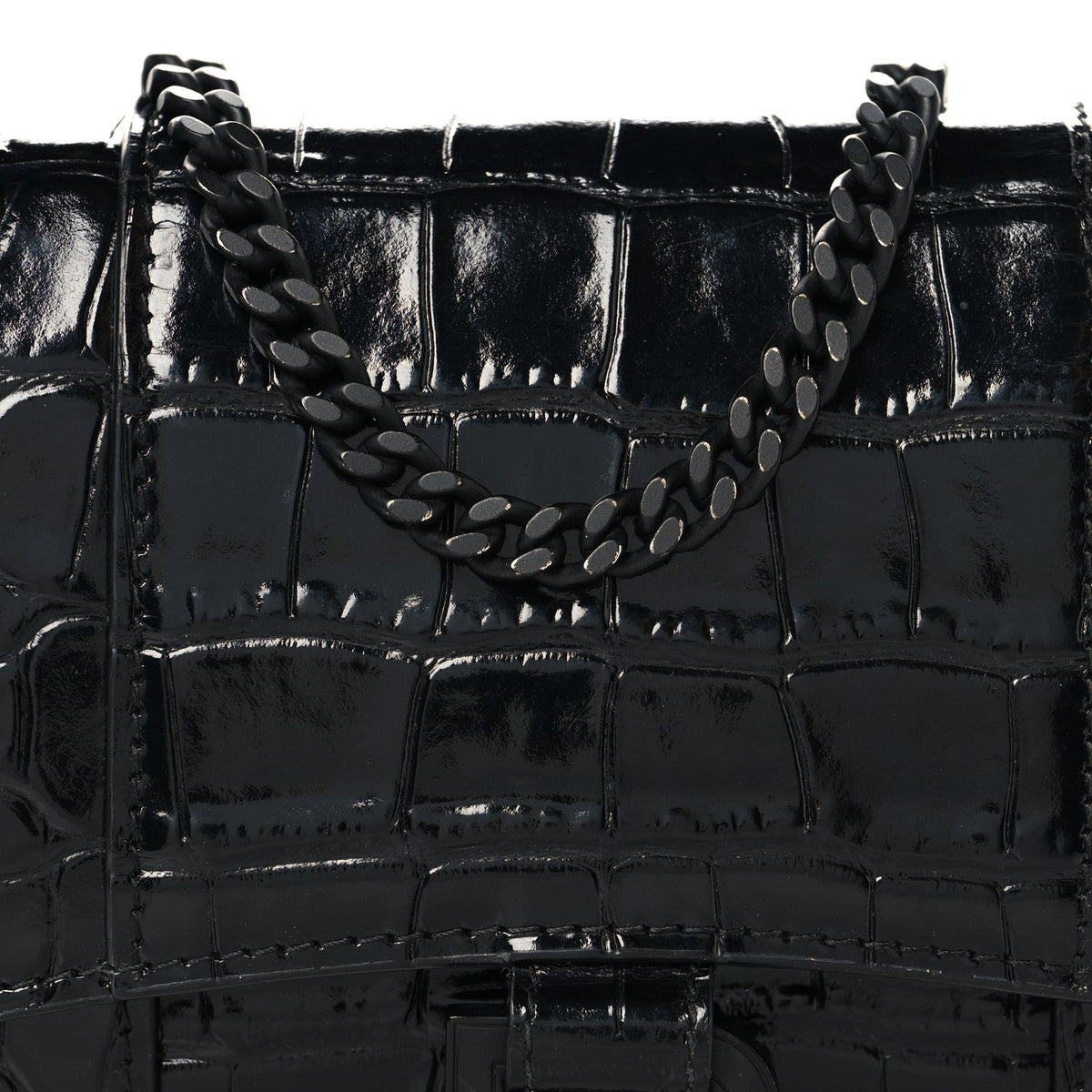 Shiny Calfskin Monochrome Crocodile Embossed Hourglass Chain Bag Black