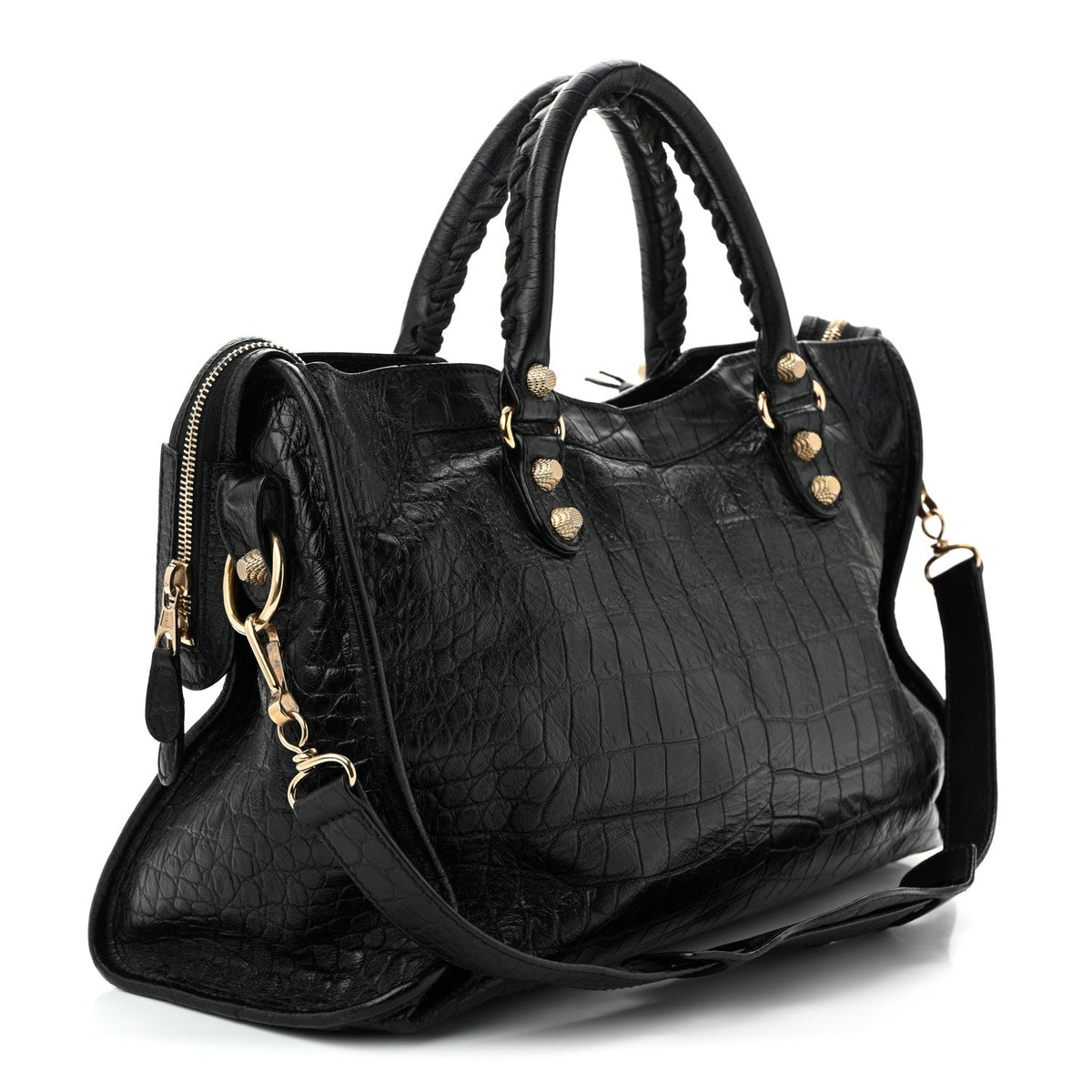 Calfskin Crocodile Embossed Giant 12 Gold Hardware City Black