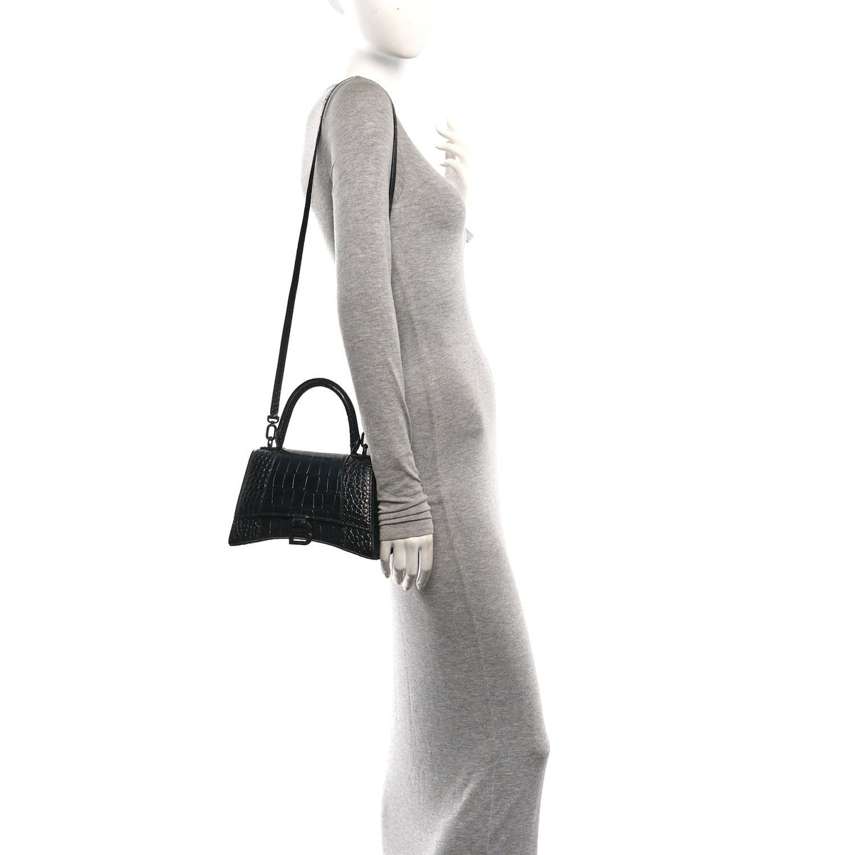 Shiny Calfskin Monochrome Crocodile Embossed Small Hourglass Top Handle Bag Black