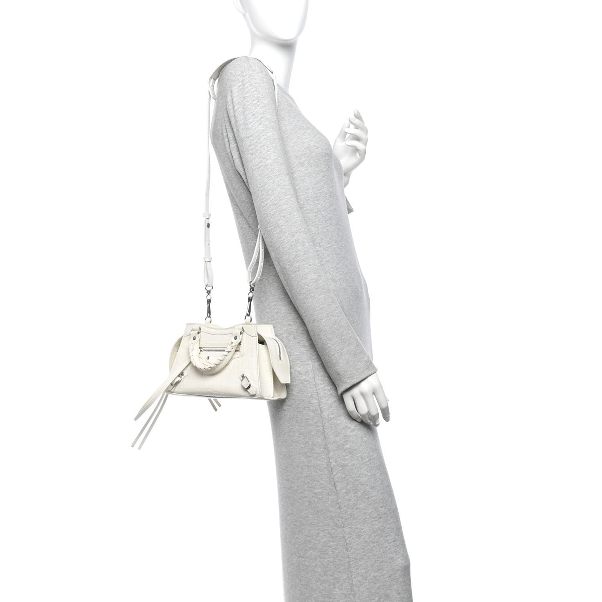 Semi Shiny Calfskin Crocodile Embossed Neo Classic Silver Hardware Mini City White