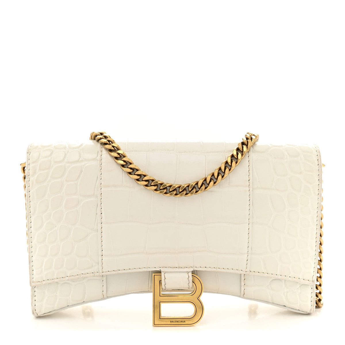 Shiny Calfskin Crocodile Embossed Hourglass Chain Bag White