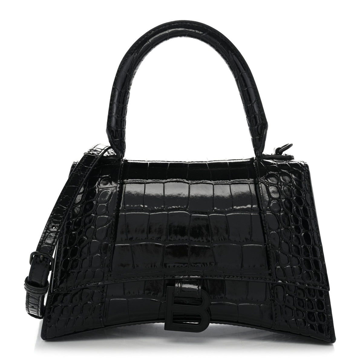 Shiny Calfskin Monochrome Crocodile Embossed Small Hourglass Top Handle Bag Black