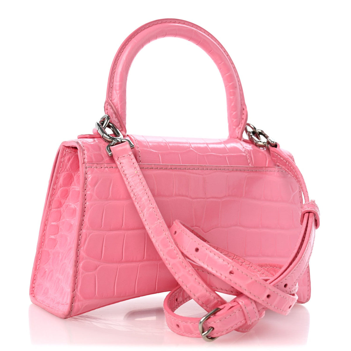 Shiny Calfskin Crocodile Embossed Hourglass Top Handle Bag XS Sweet Pink