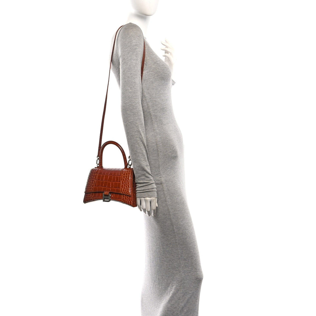 Shiny Calfskin Crocodile Embossed Small Hourglass Top Handle Bag Camel