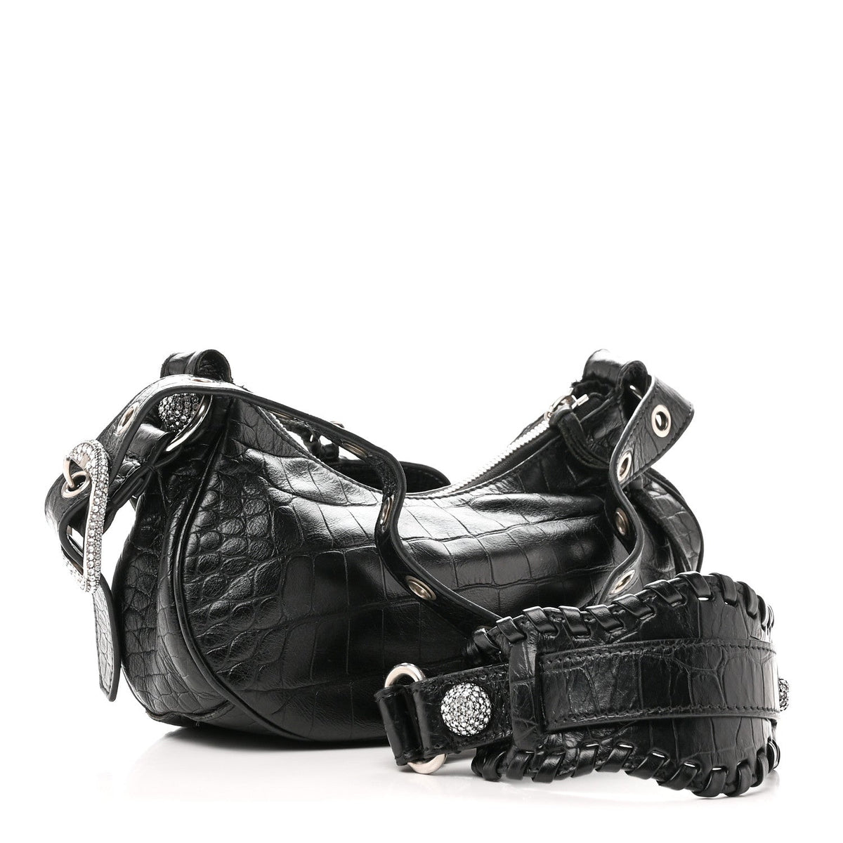 Extra Supple Calfskin Crystal Crocodile Embossed Le Cagole Shoulder Bag XS Black