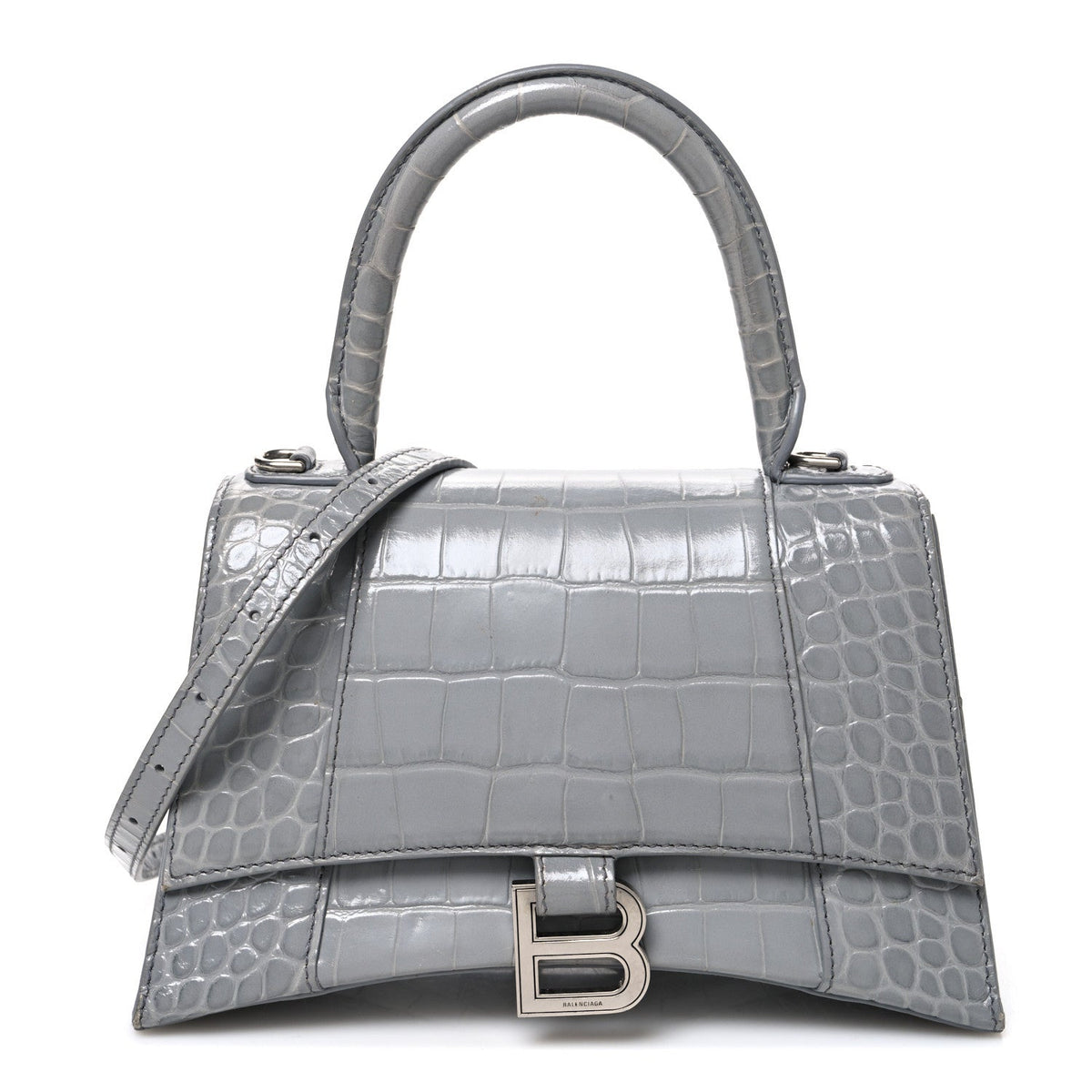 Shiny Calfskin Crocodile Embossed Small Hourglass Top Handle Bag Balenciaga Grey Balenciaga Grey