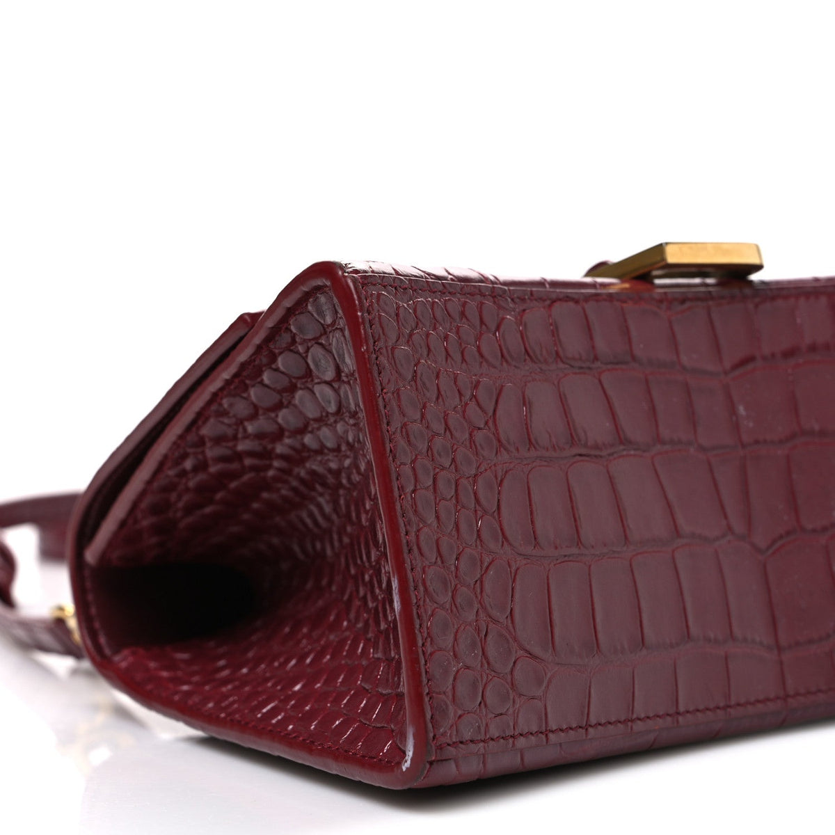 Shiny Calfskin Crocodile Embossed Small Hourglass Top Handle Bag Dark Red