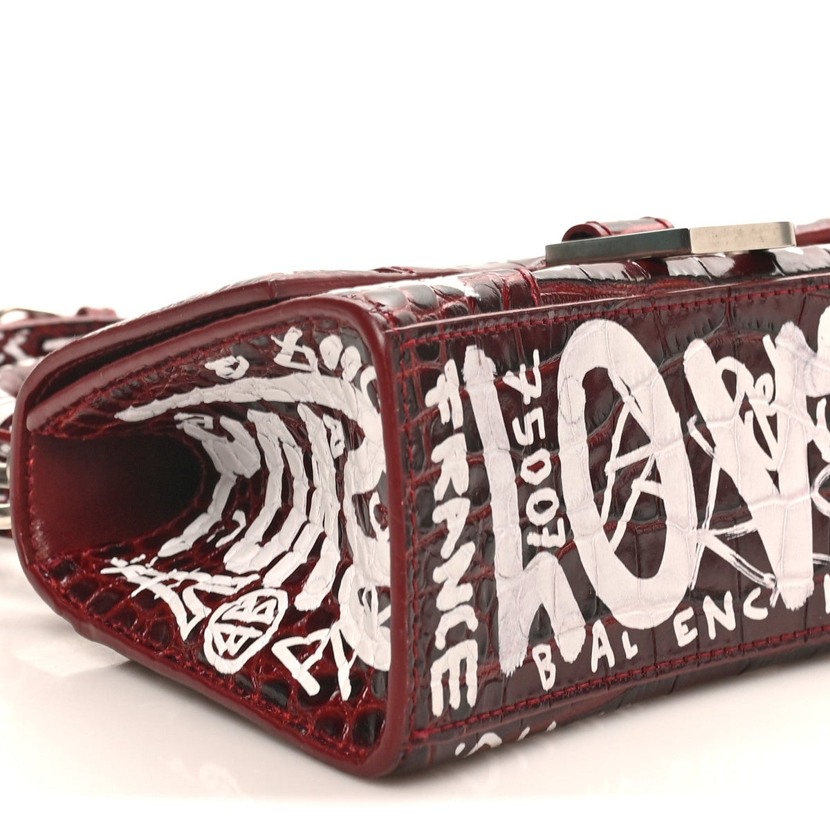 Crocodile Embossed Calfskin Graffiti Hourglass Top Handle Bag XS Dark Red White