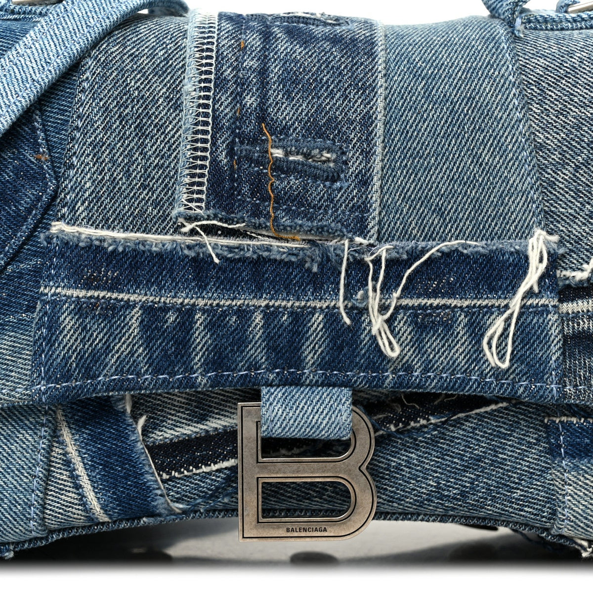 Denim Patchwork Small Hourglass Top Handle Bag Washed Blue