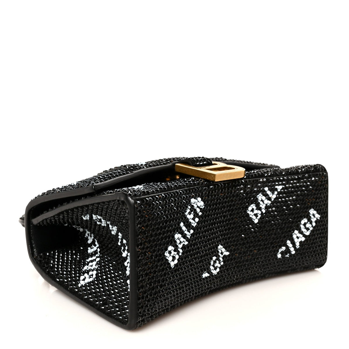 Strass Suede Allover Logo Hourglass Top Handle Bag XS with Chain Black White