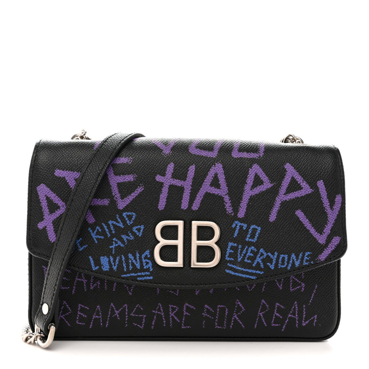 Grained Calfskin Graffiti BB Chain Wallet Black Bleu Violet
