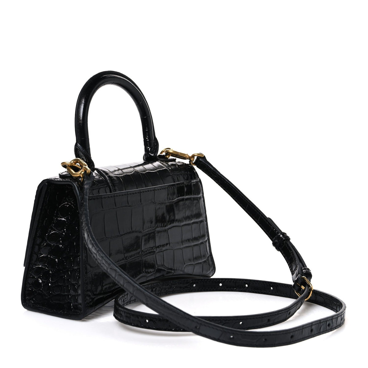Shiny Calfskin Crocodile Embossed Hourglass Top Handle Bag XS Black