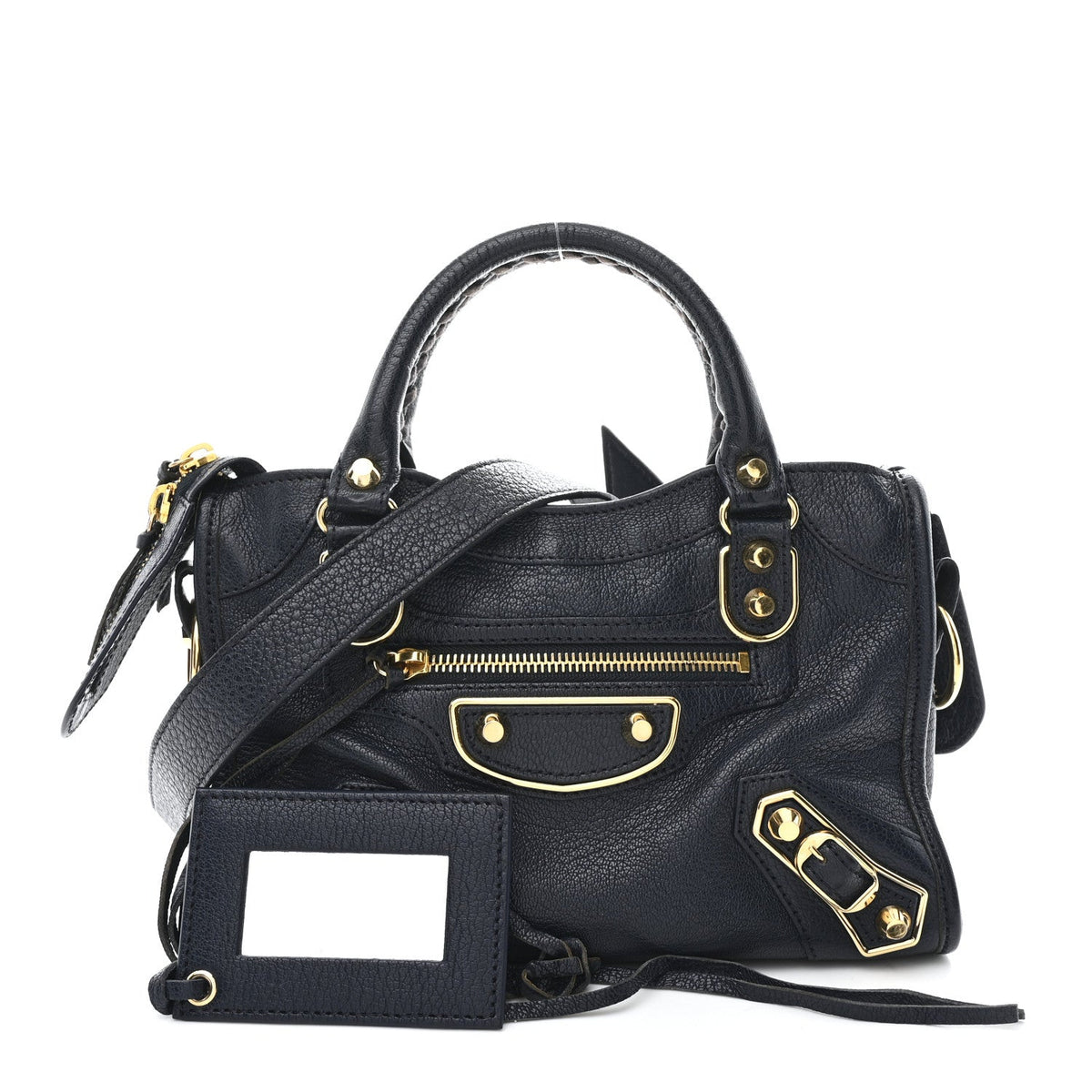 Chevre Gold Metallic Edge Hardware Mini City  Bleu Nuit Dark Sea