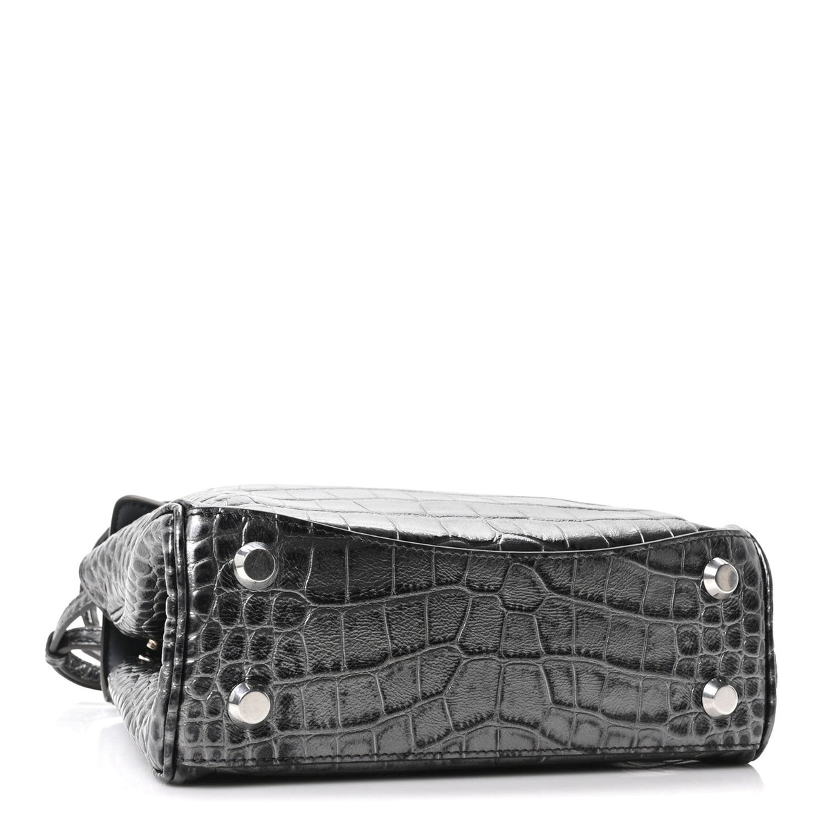 Metallized Calfskin Crocodile Embossed Mini Rodeo Top Handle Handbag Gunmetal