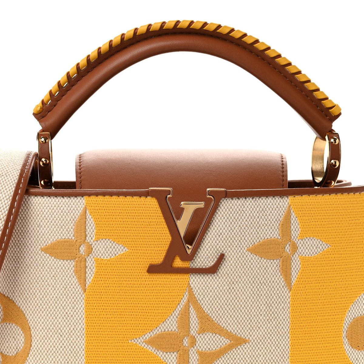 Canvas Calfskin Embroidered Braided Monogram Capucines BB Ecru Jaune