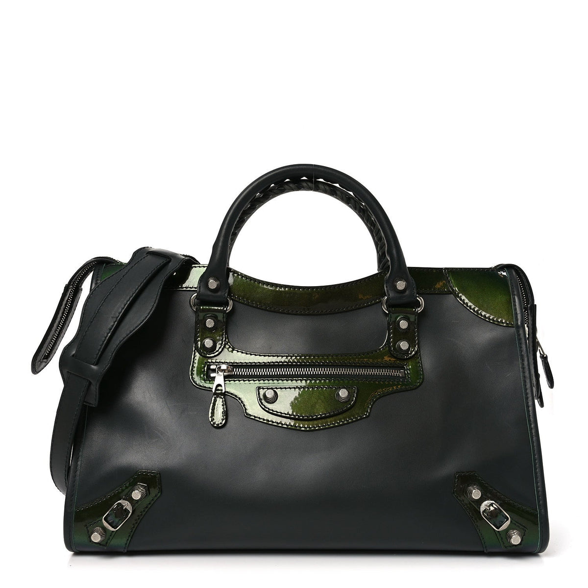 Smooth Calfskin Metallic Patent Giant 12 Silver Hardware City Vert Poker Fonce