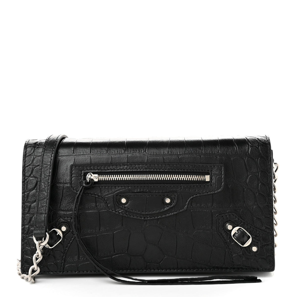 Crocodile Embossed Calfskin Classic Silver Hardware Le City Wallet On Chain Black