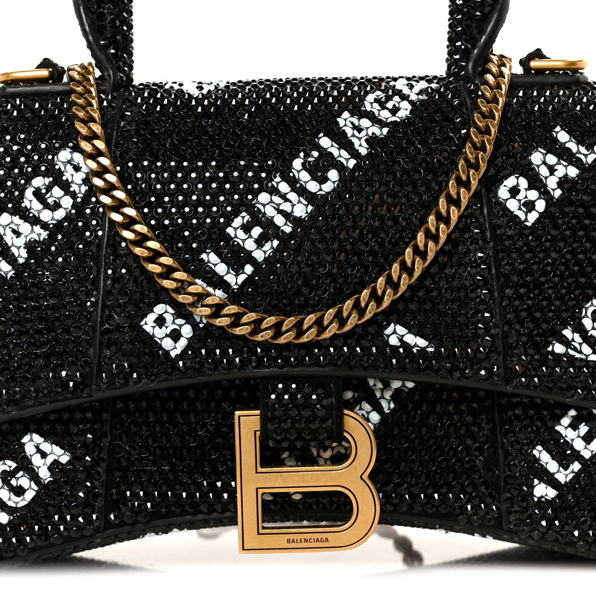 Strass Suede Allover Logo Hourglass Top Handle Bag XS with Chain Black White
