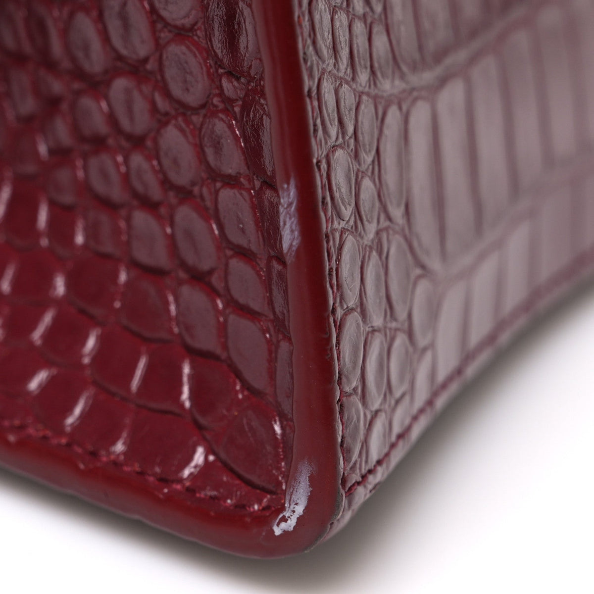 Shiny Calfskin Crocodile Embossed Small Hourglass Top Handle Bag Dark Red
