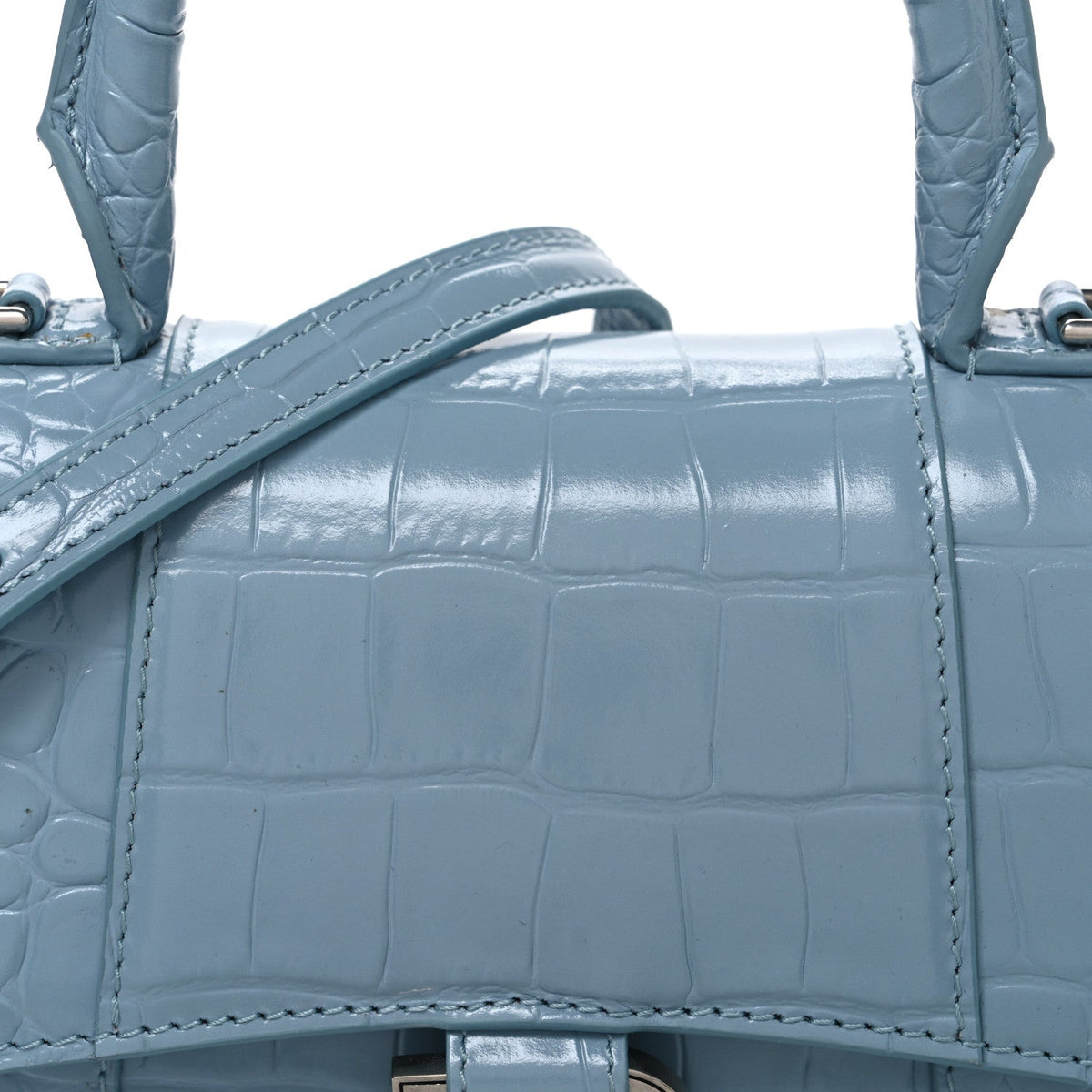 Shiny Calfskin Crocodile Embossed Hourglass Top Handle Bag XS Blue Grey