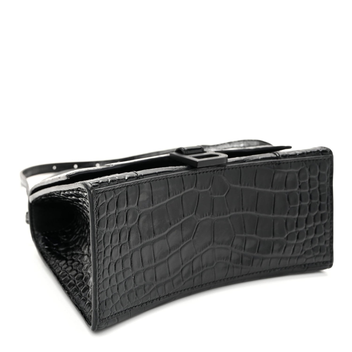 Shiny Calfskin Monochrome Crocodile Embossed Small Hourglass Top Handle Bag Black