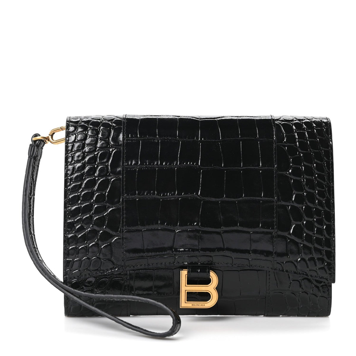 Shiny Calfskin Crocodile Embossed Hourglass Gusset Pouch Black