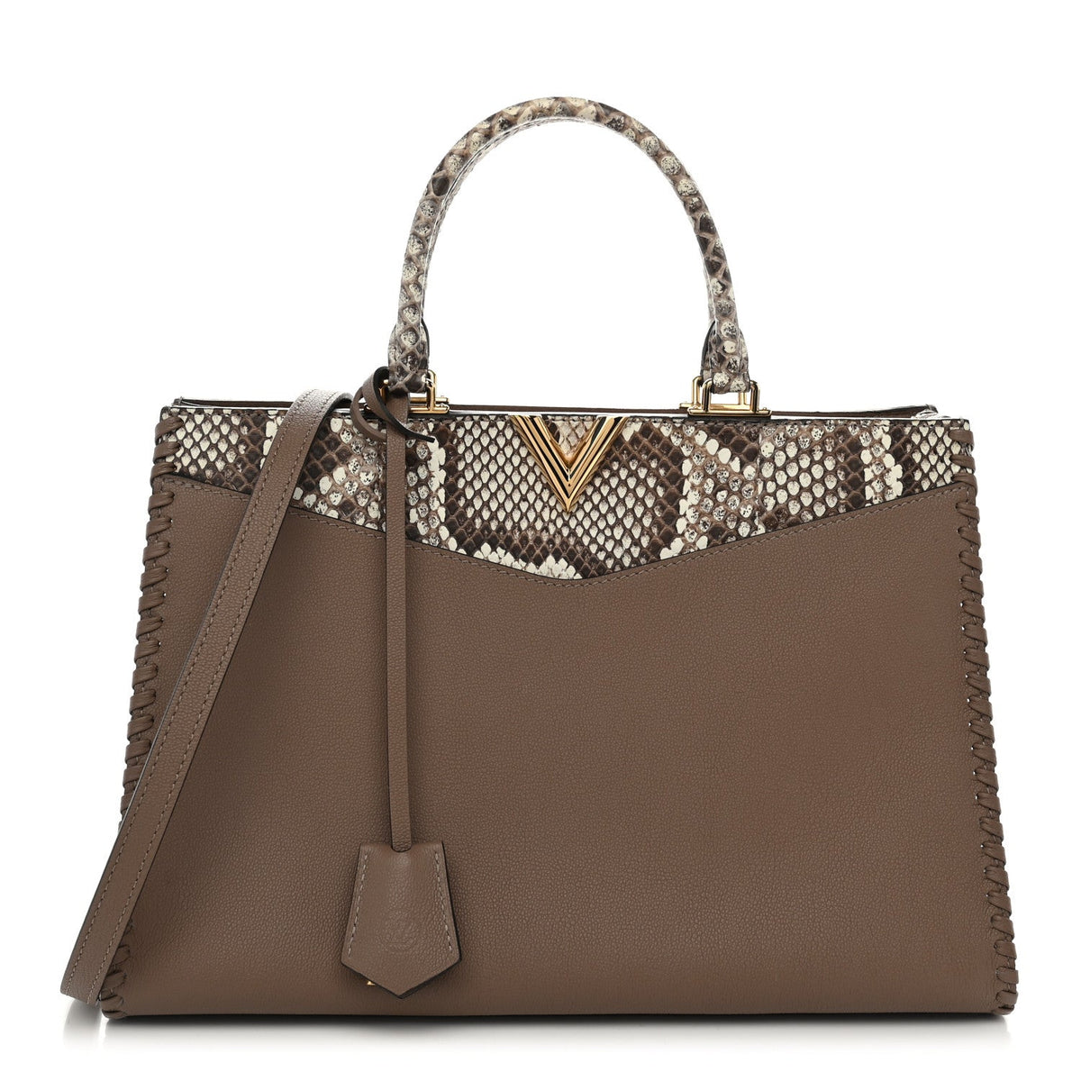Calfskin Snakeskin Very Zipped Tote Taupe