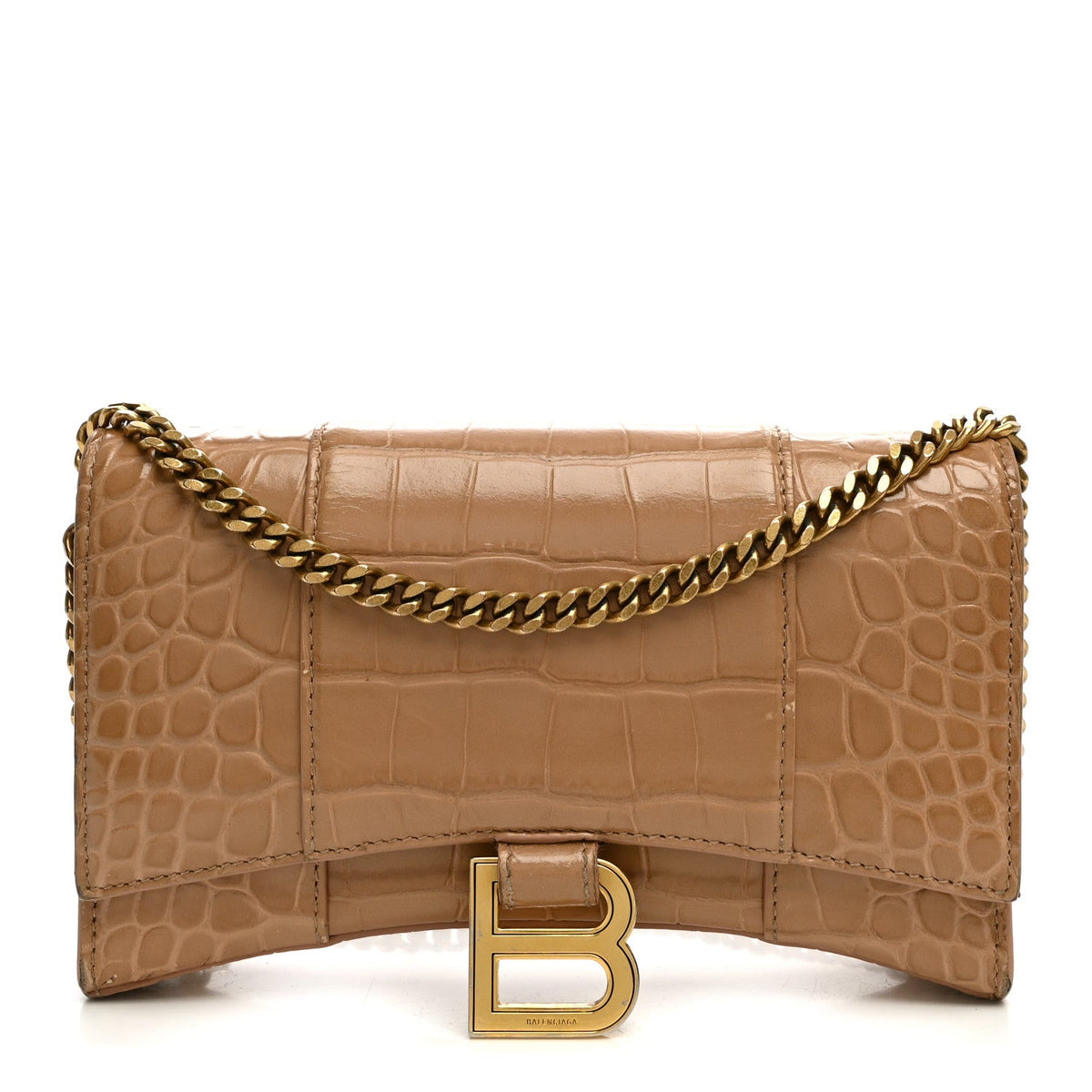 Shiny Calfskin Crocodile Embossed Hourglass Chain Bag Nude Beige