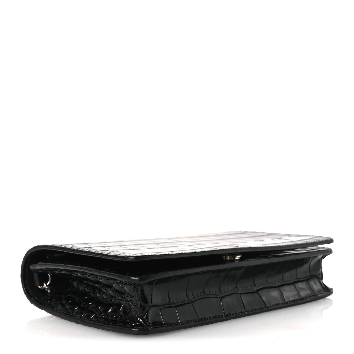 Shiny Calfskin Logo Crocodile Embossed Ville Wallet on Chain Black