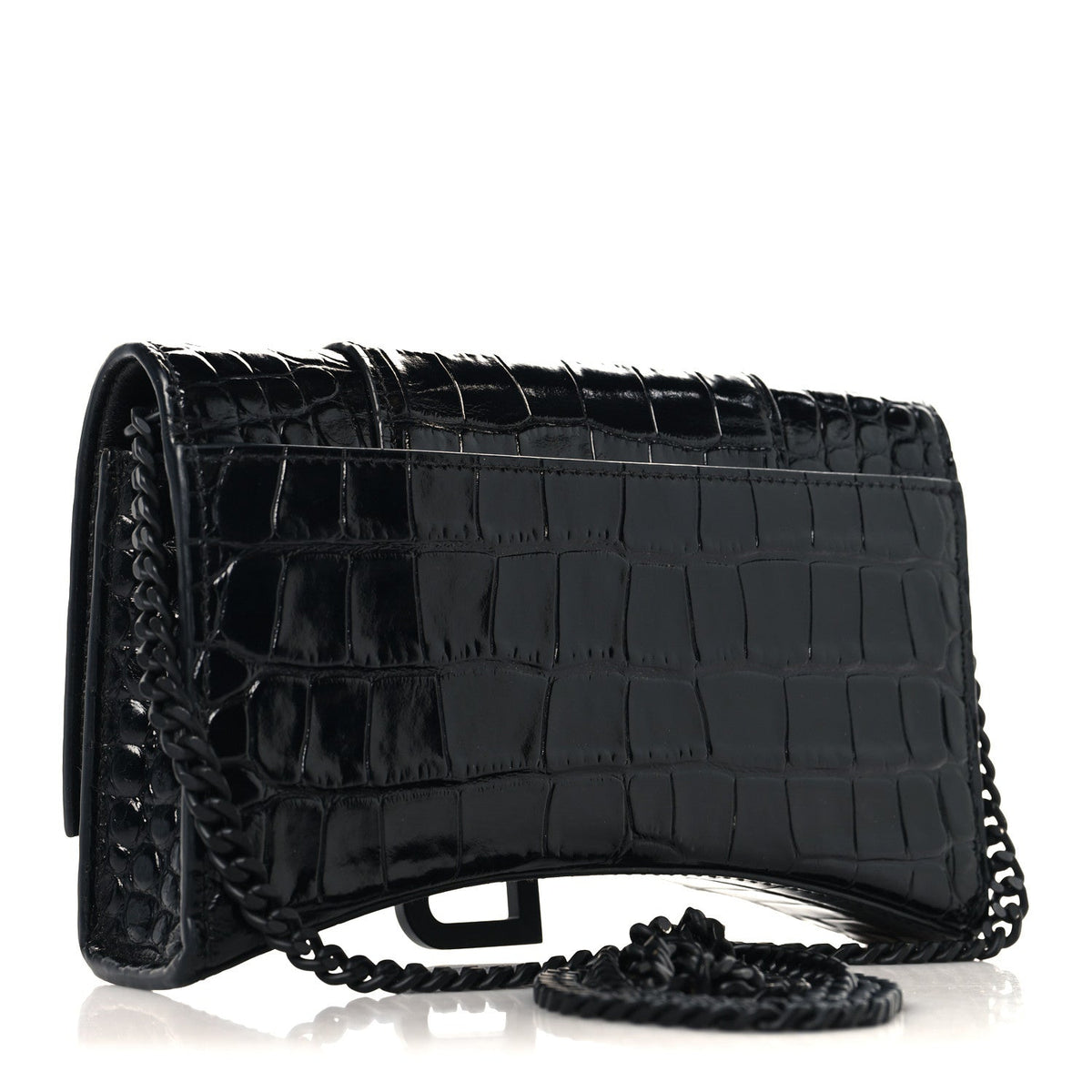 Shiny Calfskin Monochrome Crocodile Embossed Hourglass Chain Bag Black