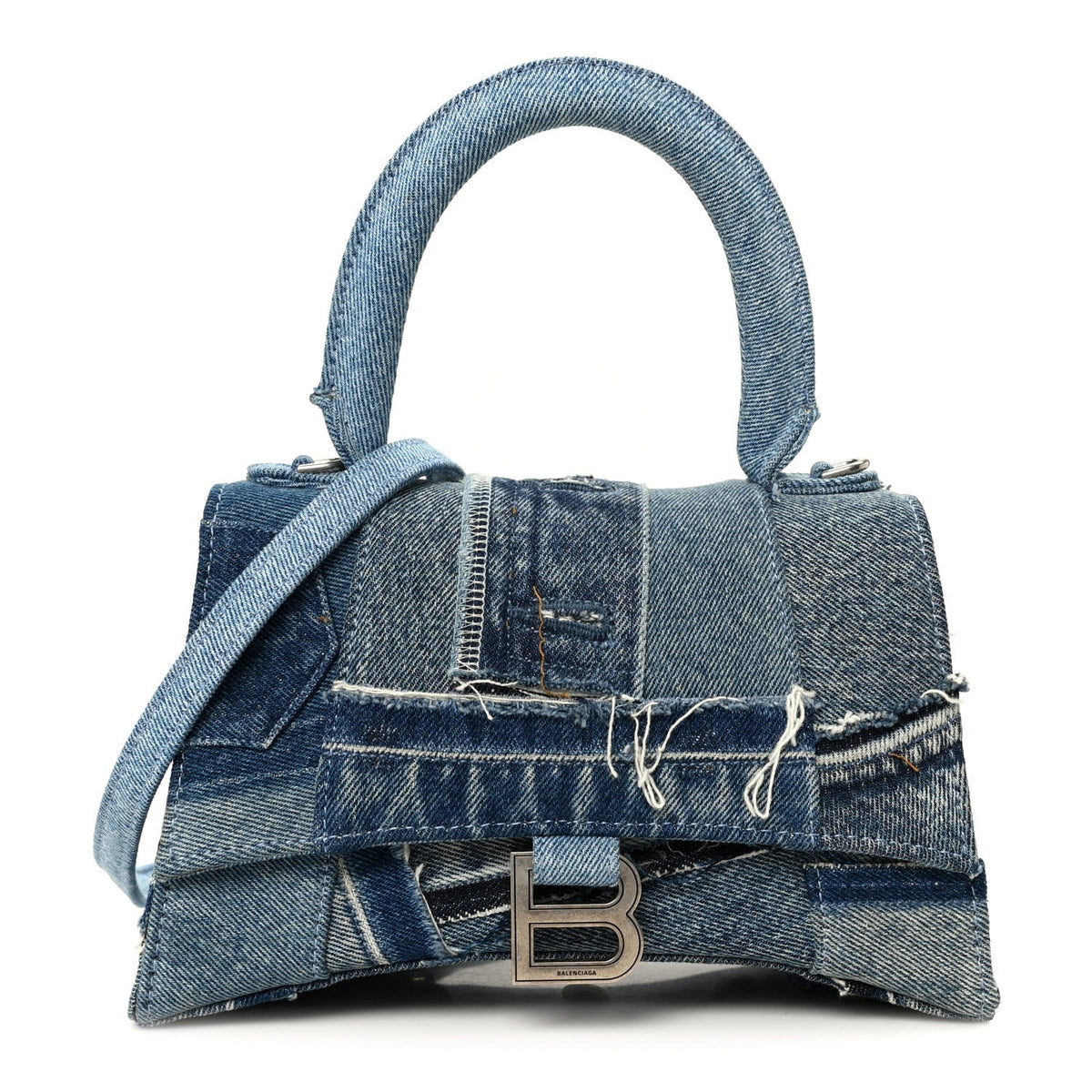 Denim Patchwork Small Hourglass Top Handle Bag Washed Blue