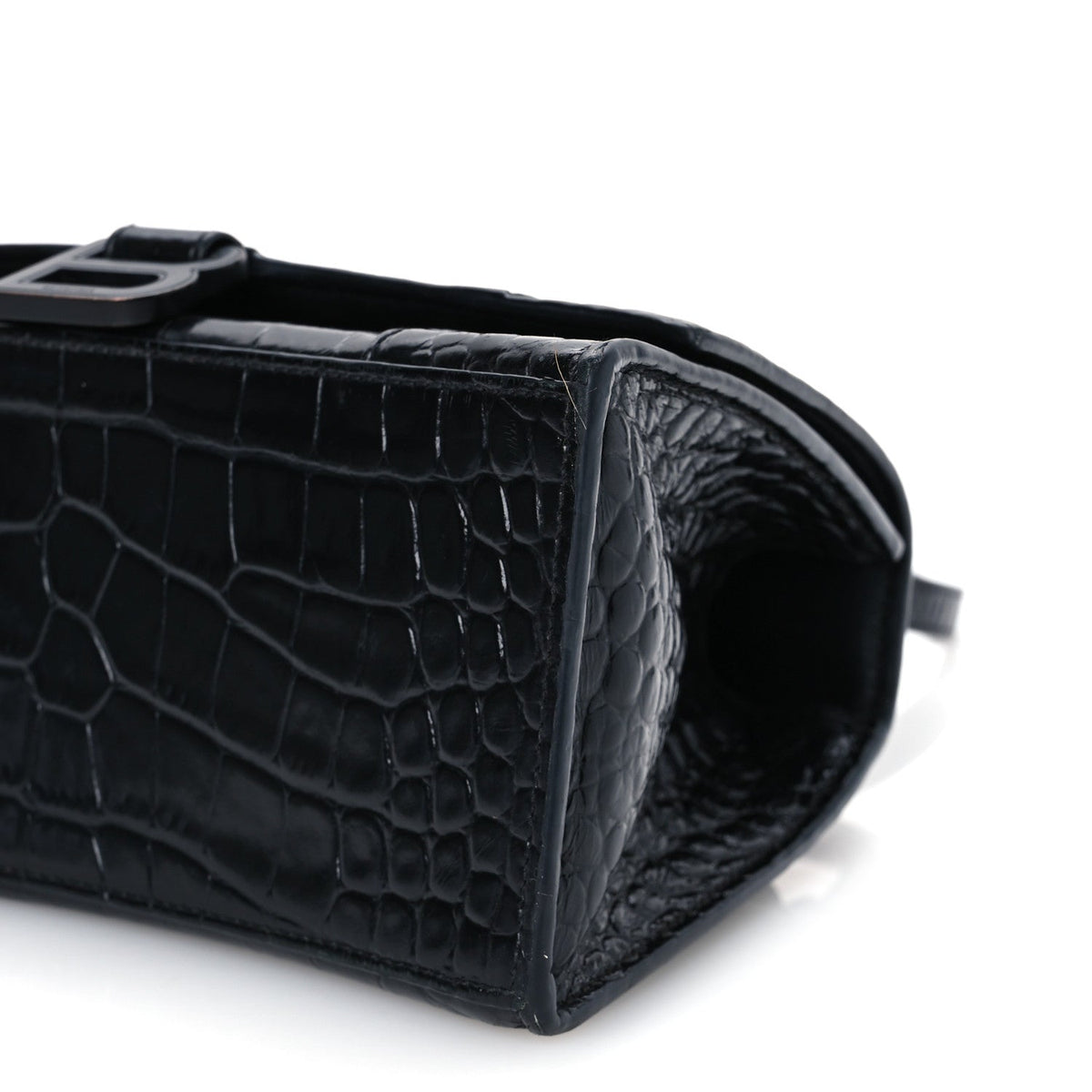 Shiny Calfskin Monochrome Crocodile Embossed Small Hourglass Top Handle Bag Black