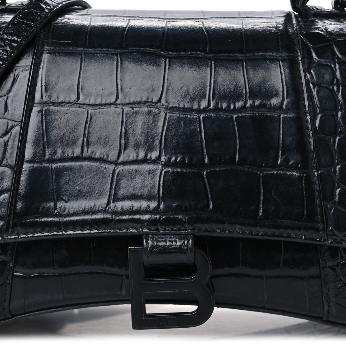 Shiny Calfskin Monochrome Crocodile Embossed Small Hourglass Top Handle Bag Black