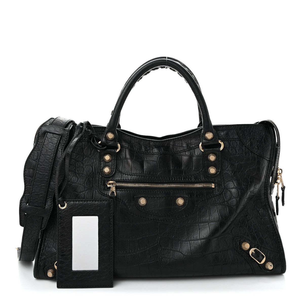 Calfskin Crocodile Embossed Giant 12 Gold Hardware City Black