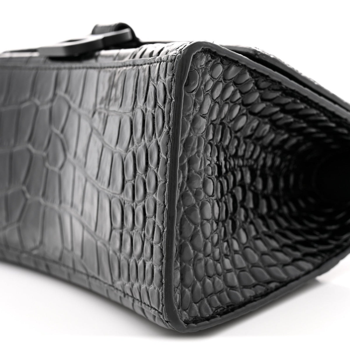 Shiny Calfskin Monochrome Crocodile Embossed Small Hourglass Top Handle Bag Black