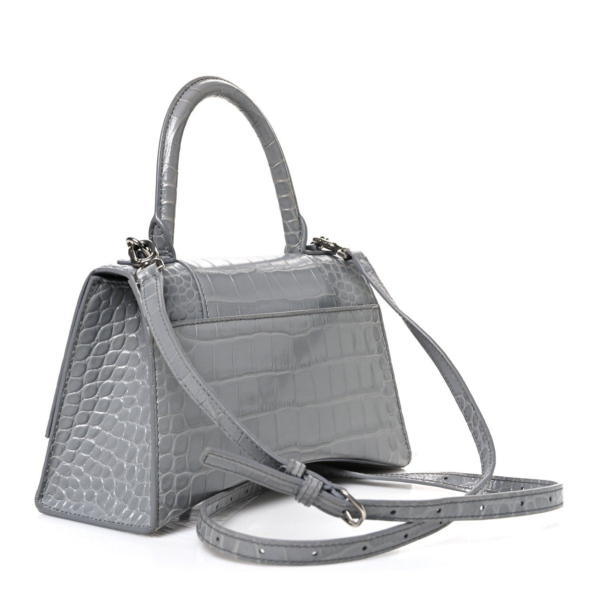 Shiny Calfskin Crocodile Embossed Small Hourglass Top Handle Bag Balenciaga Grey Balenciaga Grey