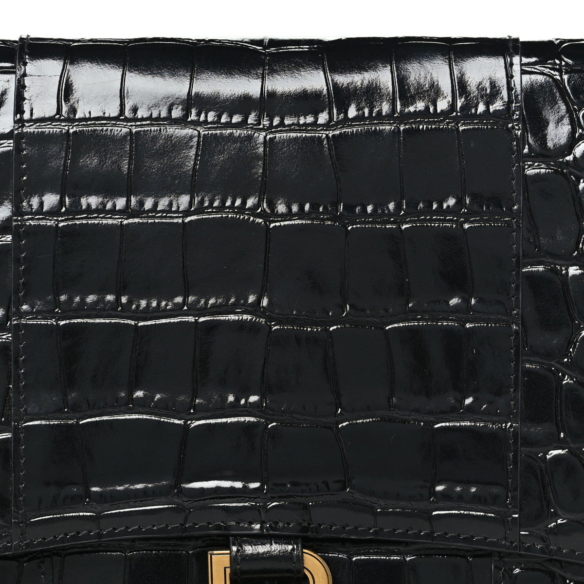 Shiny Calfskin Crocodile Embossed Hourglass Gusset Pouch Black