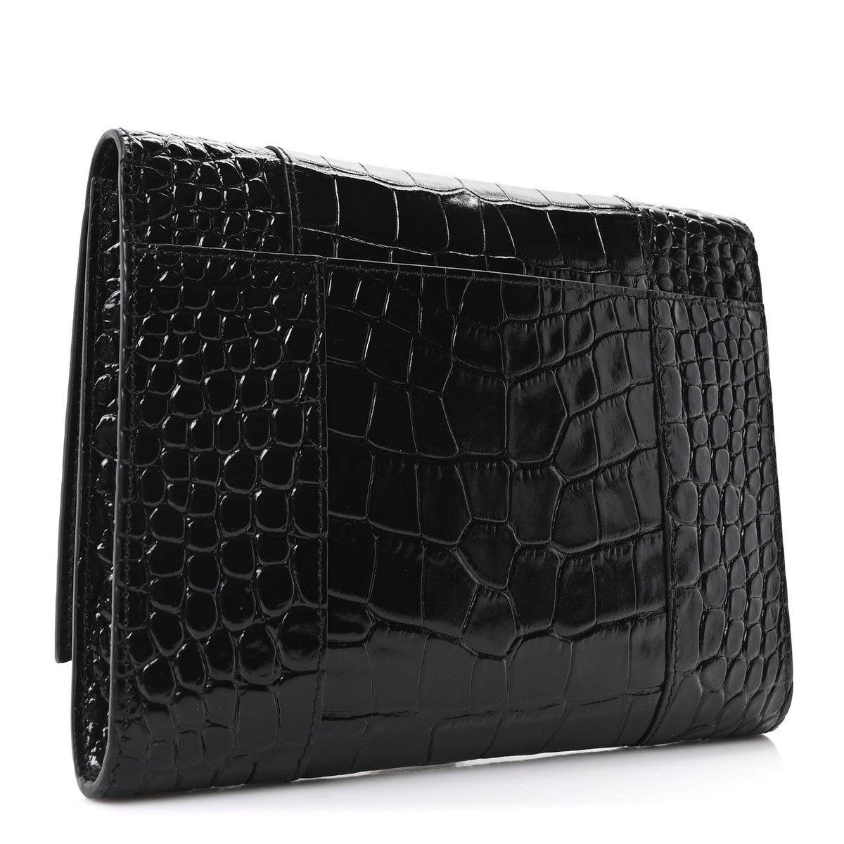 Shiny Calfskin Crocodile Embossed Hourglass Gusset Pouch Black