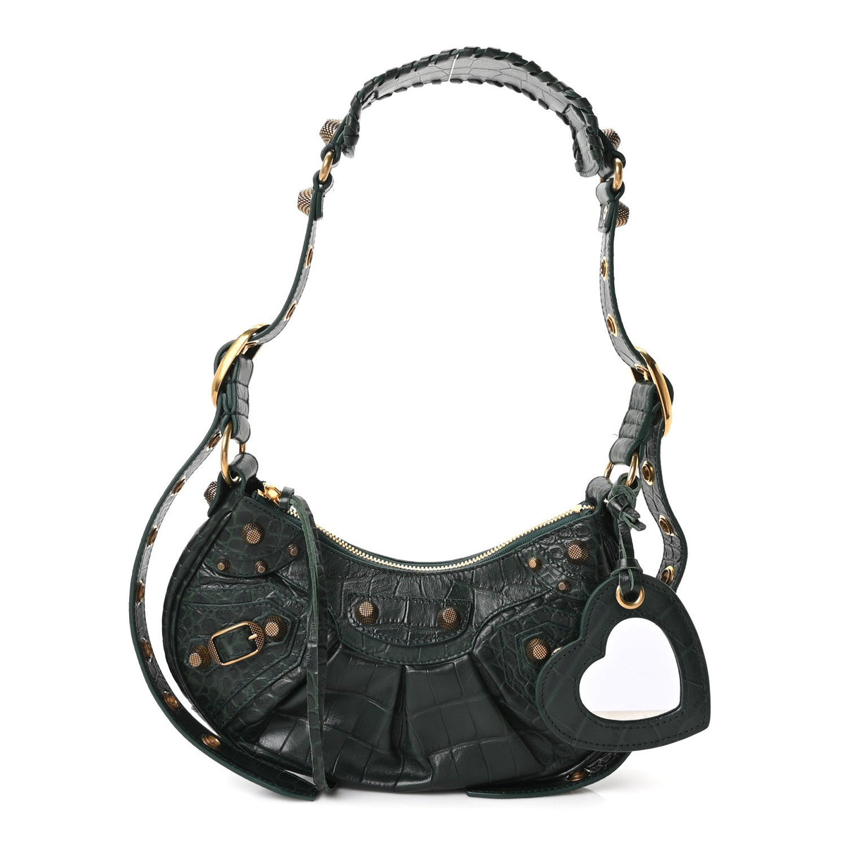 Extra Supple Calfskin Crocodile Embossed Le Cagole Shoulder Bag XS Forest Green