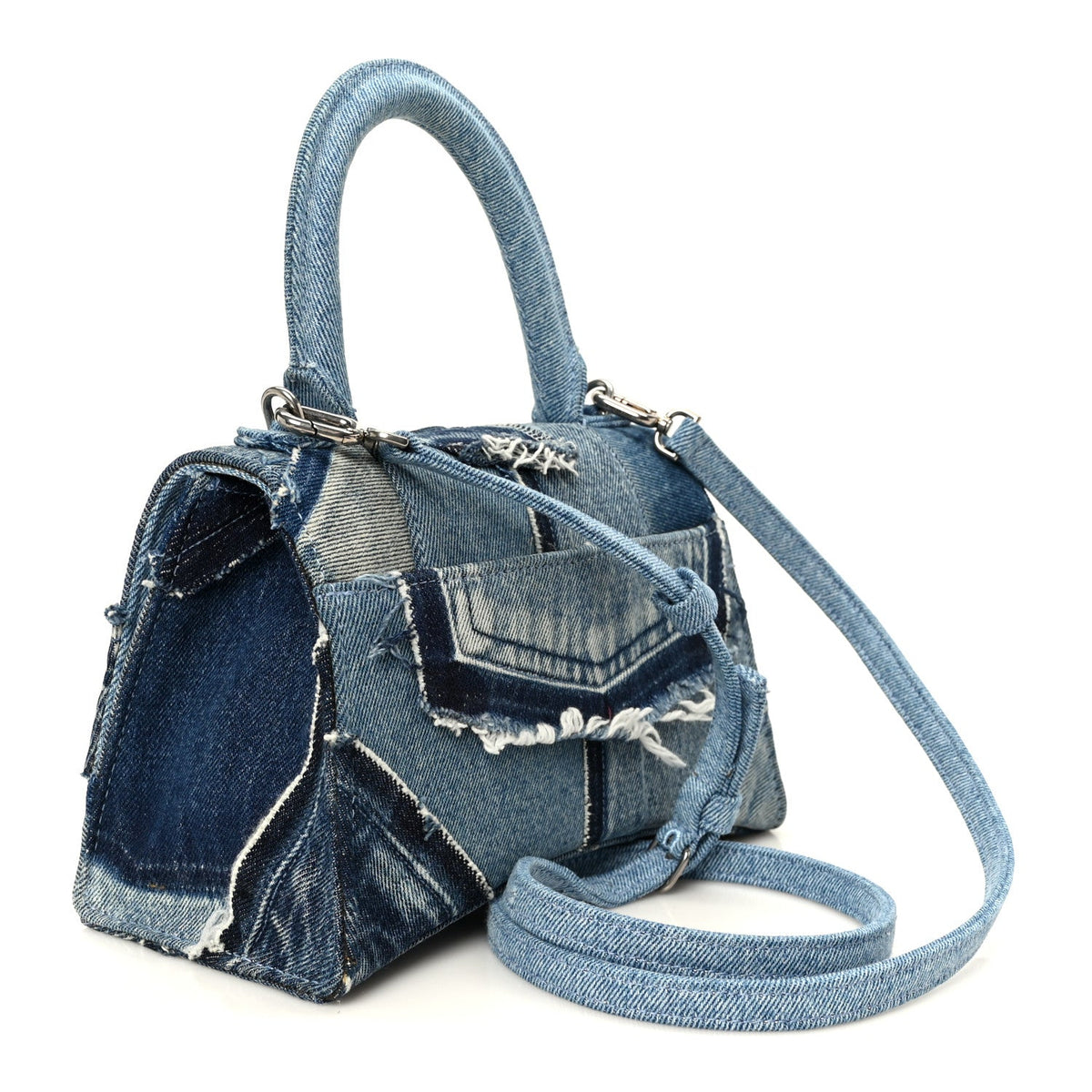 Denim Patchwork Small Hourglass Top Handle Bag Washed Blue
