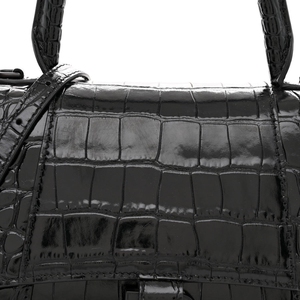 Shiny Calfskin Monochrome Crocodile Embossed Small Hourglass Top Handle Bag Black