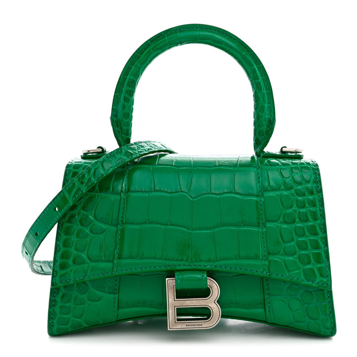 Shiny Calfskin Crocodile Embossed Hourglass Top Handle Bag XS Jade