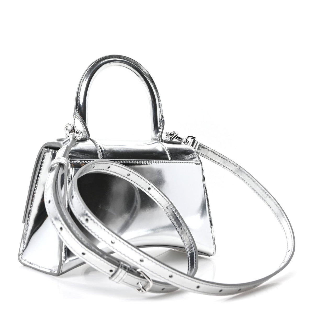 Metallic Calfskin Hourglass Top Handle Bag XS Silver