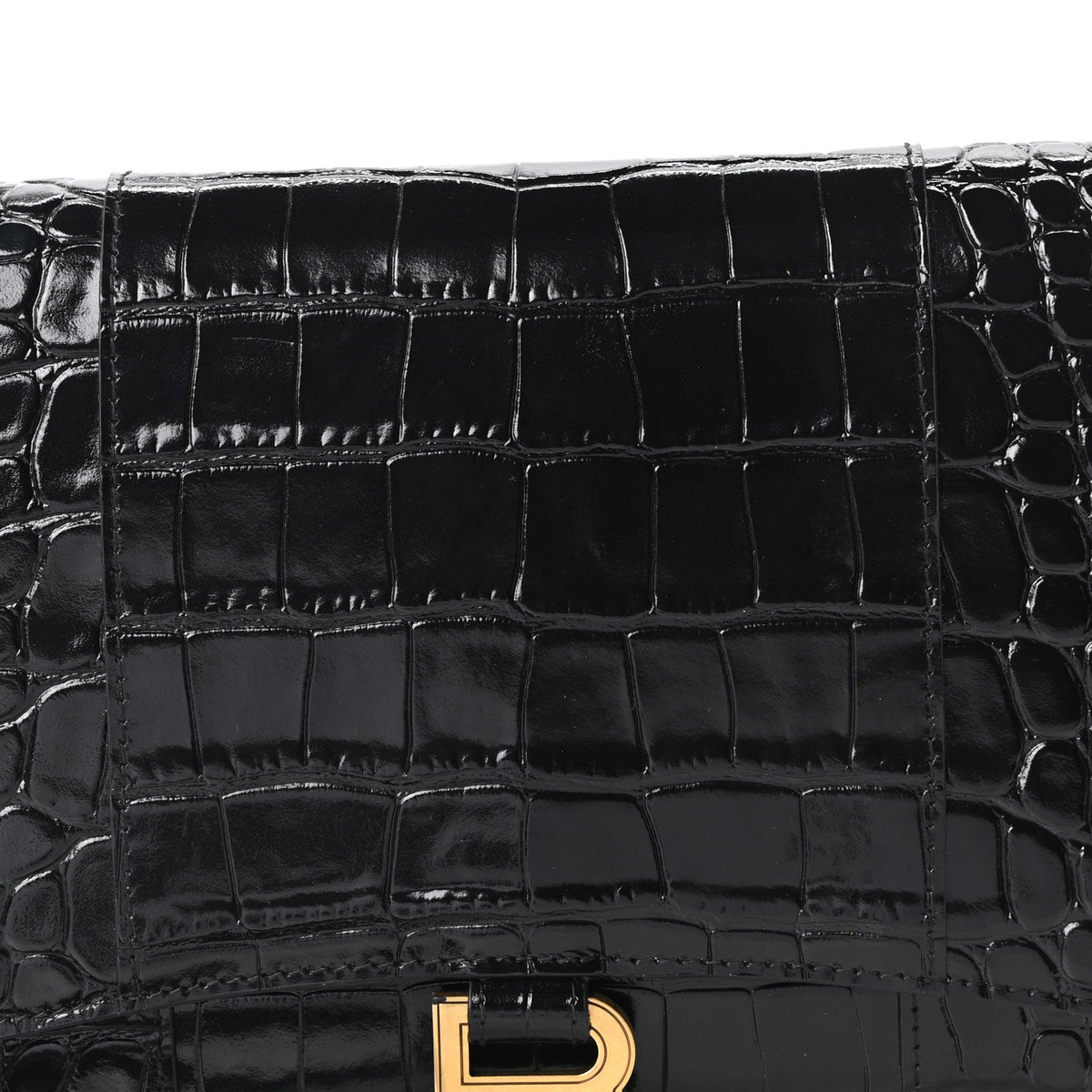 Shiny Calfskin Crocodile Embossed Hourglass Gusset Pouch Black