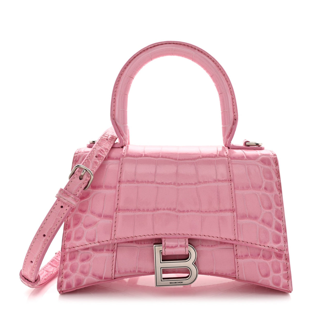 Shiny Calfskin Crocodile Embossed Hourglass Top Handle Bag XS Sweet Pink