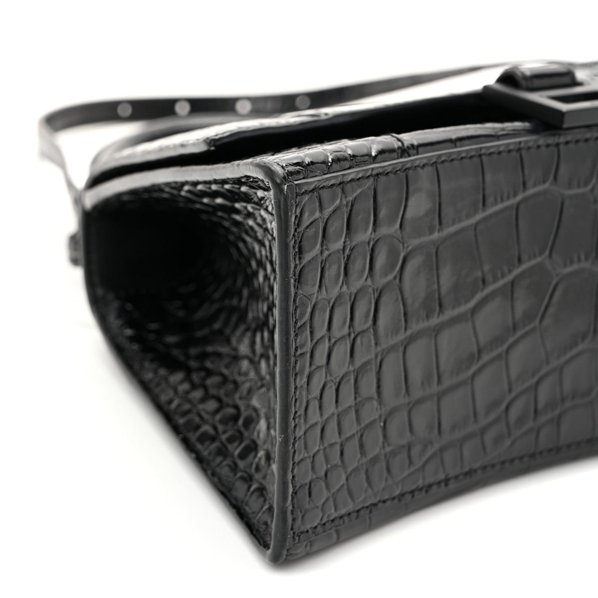 Shiny Calfskin Monochrome Crocodile Embossed Small Hourglass Top Handle Bag Black
