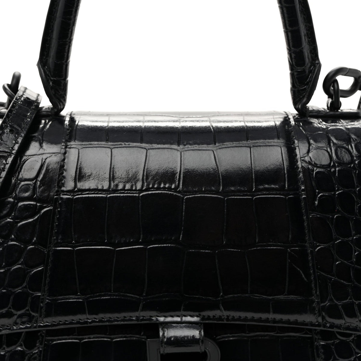 Shiny Calfskin Monochrome Crocodile Embossed Small Hourglass Top Handle Bag Black