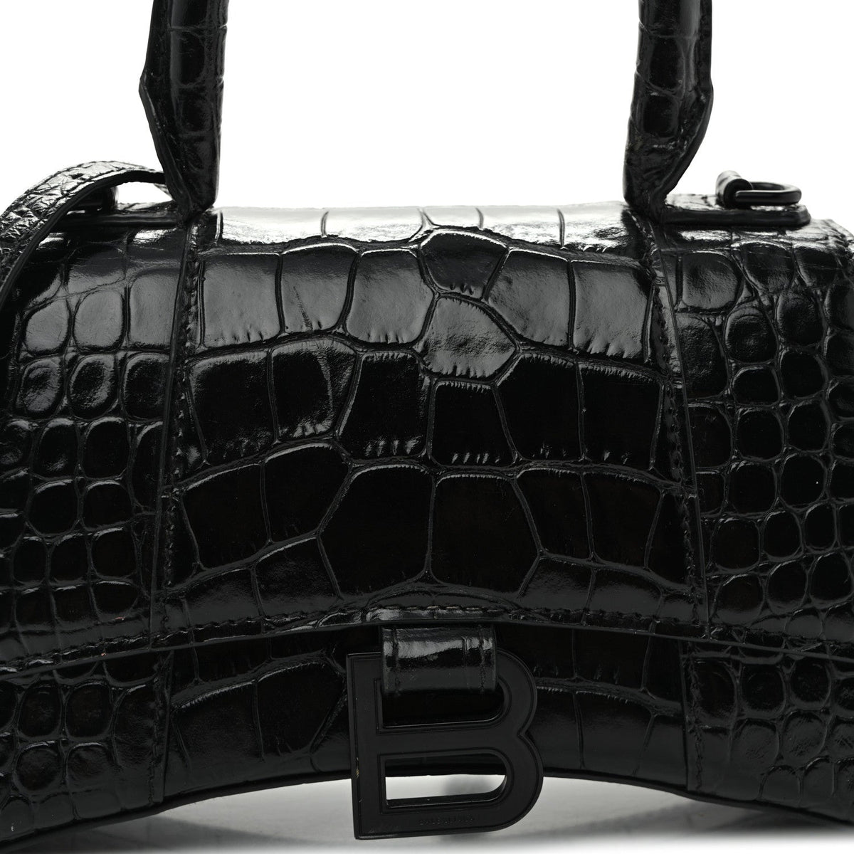 Shiny Calfskin Monochrome Crocodile Embossed Hourglass Top Handle Bag XS Black