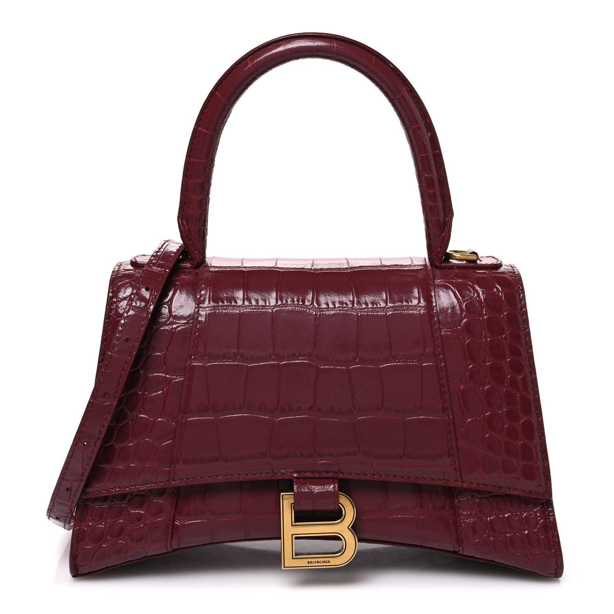 Shiny Calfskin Crocodile Embossed Small Hourglass Top Handle Bag Dark Red